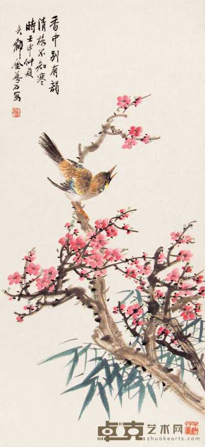 金梦石 壬申（1932年）作 花鸟 立轴 96×43cm